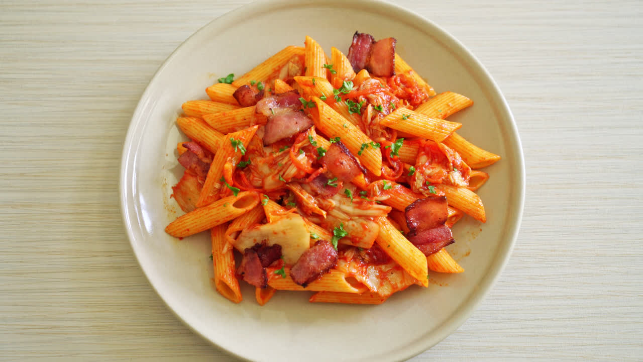 김치와 베이컨을 곁들인 펜네 파스타 볶음 - 퓨전 음식