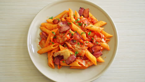 stir-fried penne pasta with kimchi and bacon - fusion food