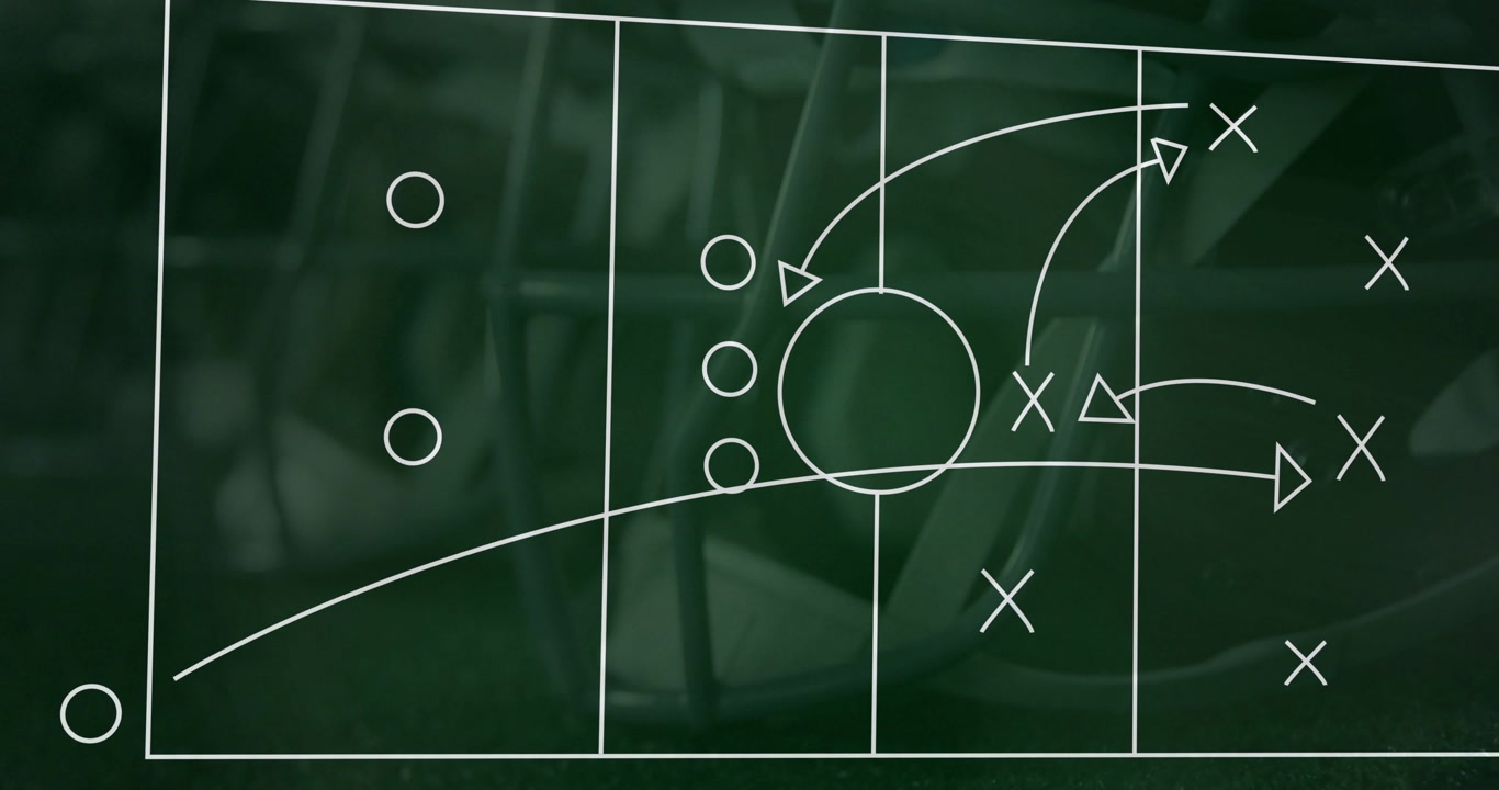 Guideline strokes starting chalkboard pitch drawing, circles emerging and arrows showing attack