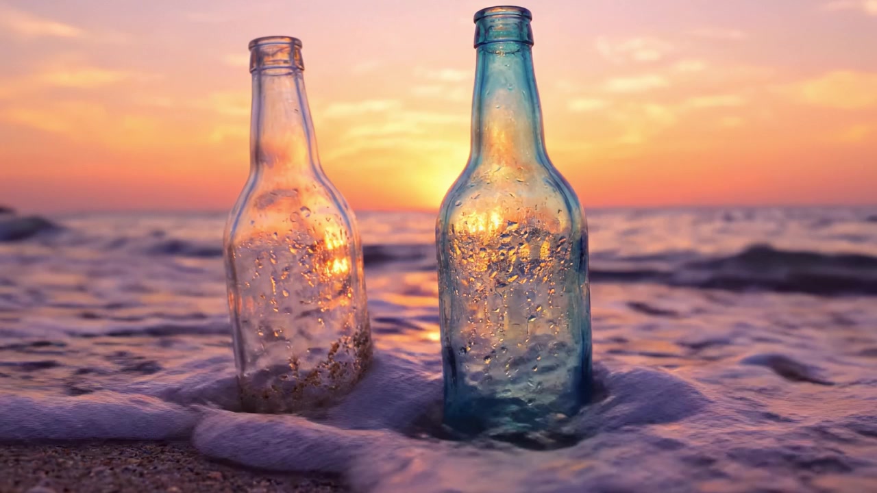 Auringonpaisteessa kylpevät lasipullot rauhallisella rannalla auringonlaskun aikaan, korostaen luonnon kauneutta ja rauhaa valtameren aaltojen äärellä.