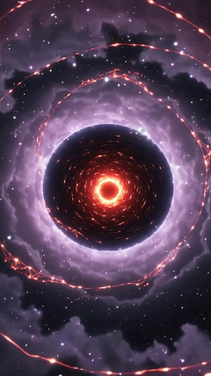 Vertical video: Sparking filaments urging central core forming inner red ring in space, purple halo