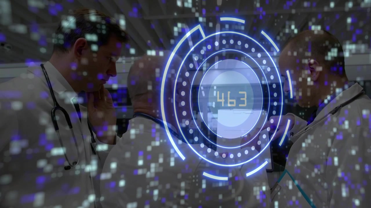 Blue HUD appearing triggers three doctors monitoring numbers, sharing glances, confirming trend