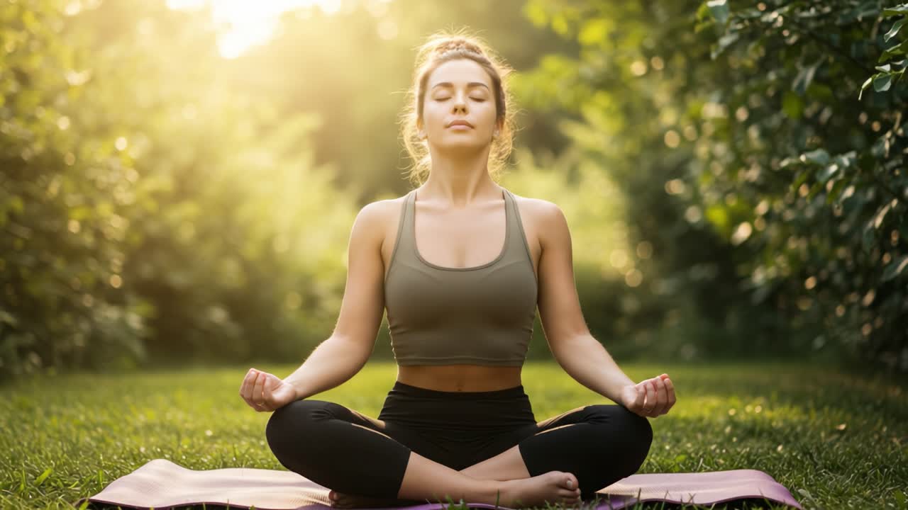 Serene Meditation in Nature: A Young Woman Practices Mindfulness and Inner Peace Surrounded by Lush Greenery and Soft Sunlight