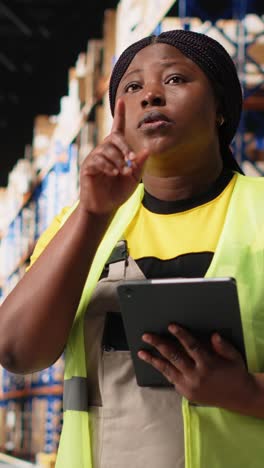 vertical video african american female staff in hi vis vest counts packages on industrial racks