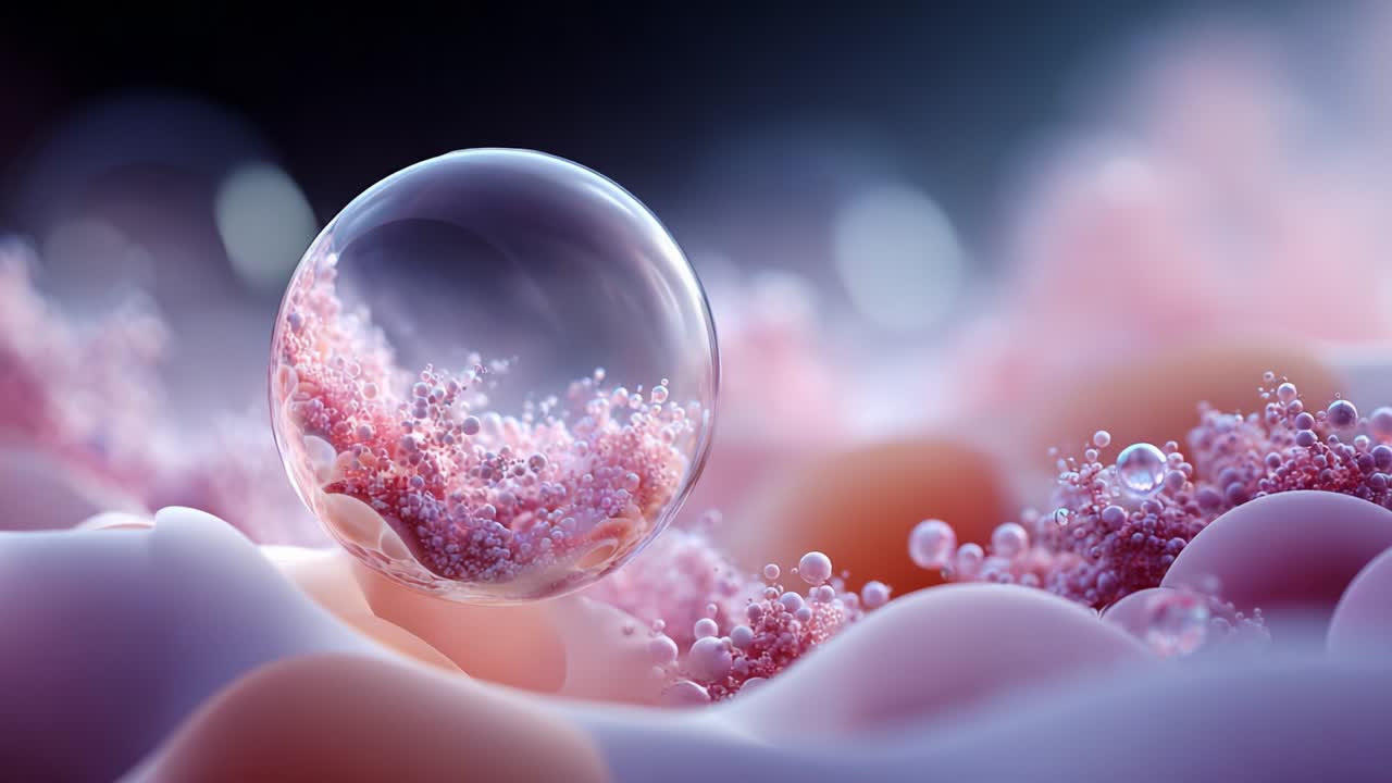 A stunning close-up view of a gleaming bubble resting upon a bed of delicate and vibrant pink texture, accentuated with tiny shimmering beads, creating a mesmerizing abstract visual in a dreamlike setting