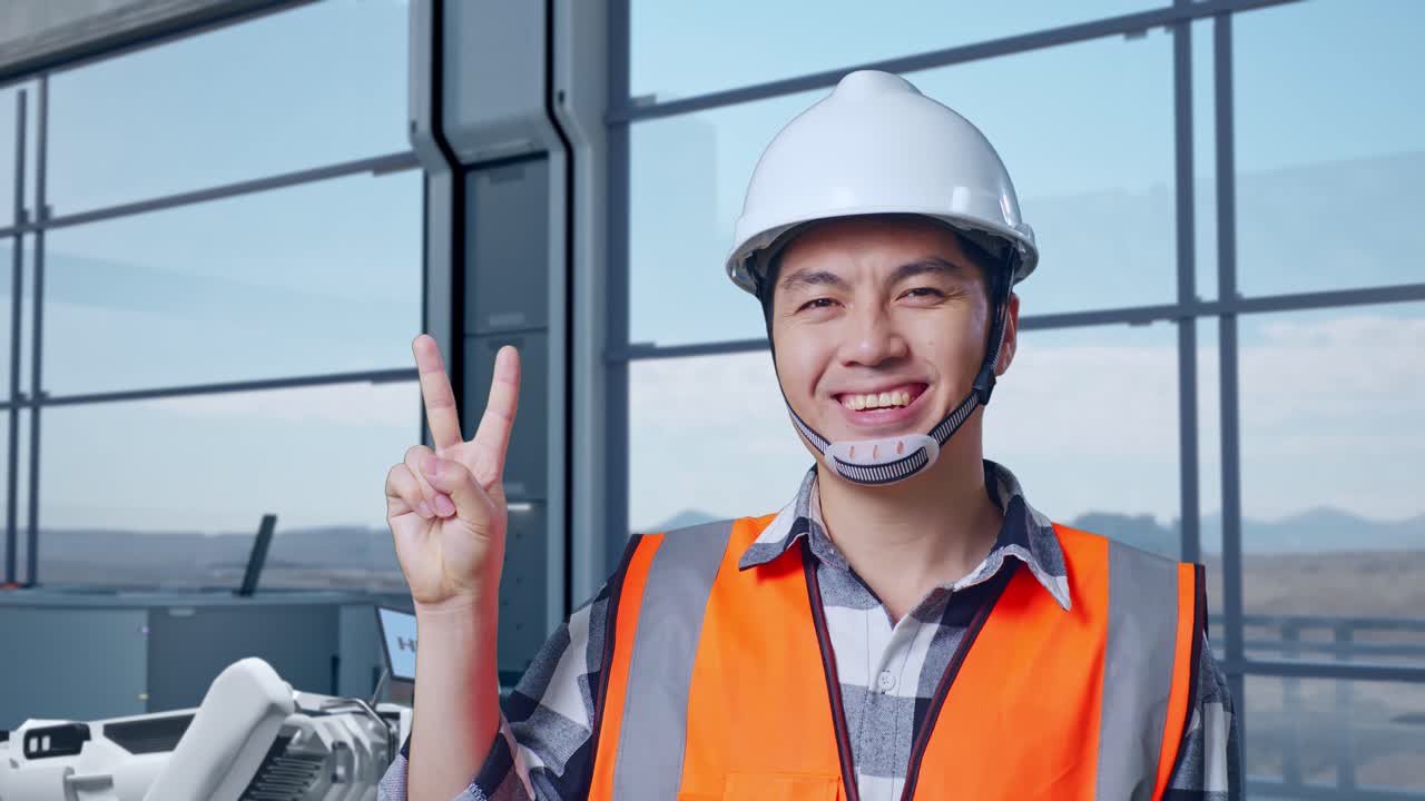 안전 헬을 입은 아시아 남성 엔지니어가 하이테크 공장에서 로 기계 개념을 분석하며 미소 짓고 평화의 몸짓을 보여줍니다.