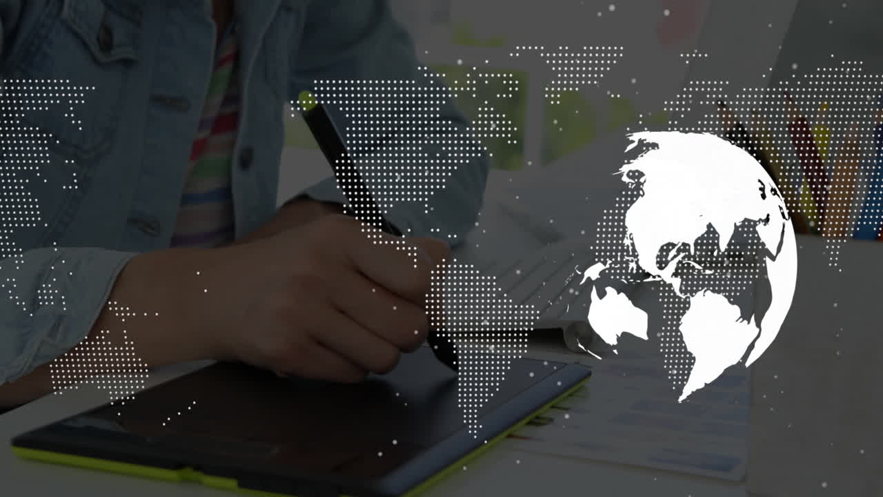 Using tablet with world map animation overlay, person focusing on screen