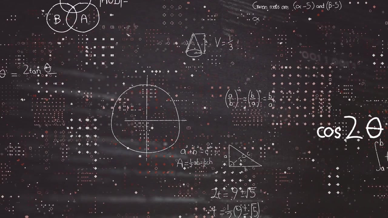 Glitch grid shifting left initiating chalk math formulas sketching and looping with magenta accents