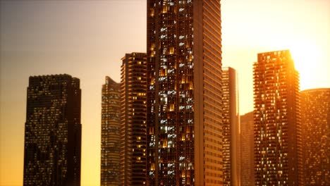 sunset aerial shot of skyscrapers of business centre