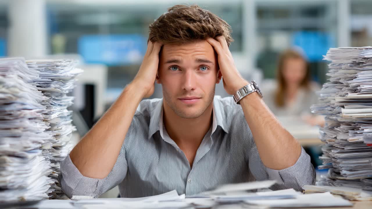 A Frustrated Individual Struggling with Overwhelming Paperwork in a Busy Office Environment, Displaying Signs of Stress and Anxiety Amidst a Pile of Documents