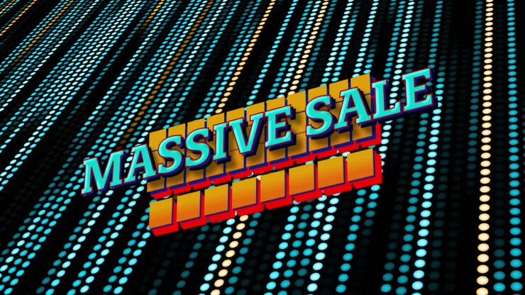 Animazione del testo "saldi massicci" su punti su sfondo nero