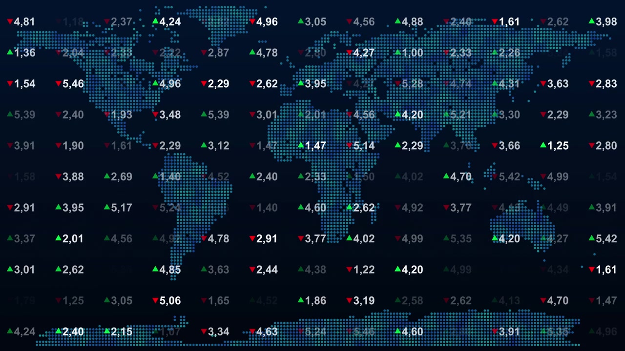 Mappamondo digitale con dati finanziari fluttuanti e indicatori di borsa