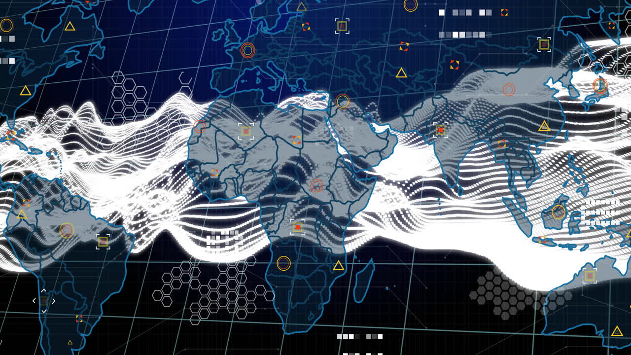Flat design world map interface showing undulating waveform data streams with hexagon clusters