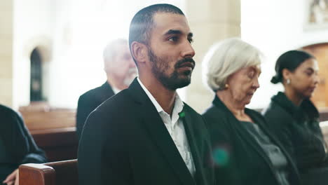 sad, man and depression at a funeral in church