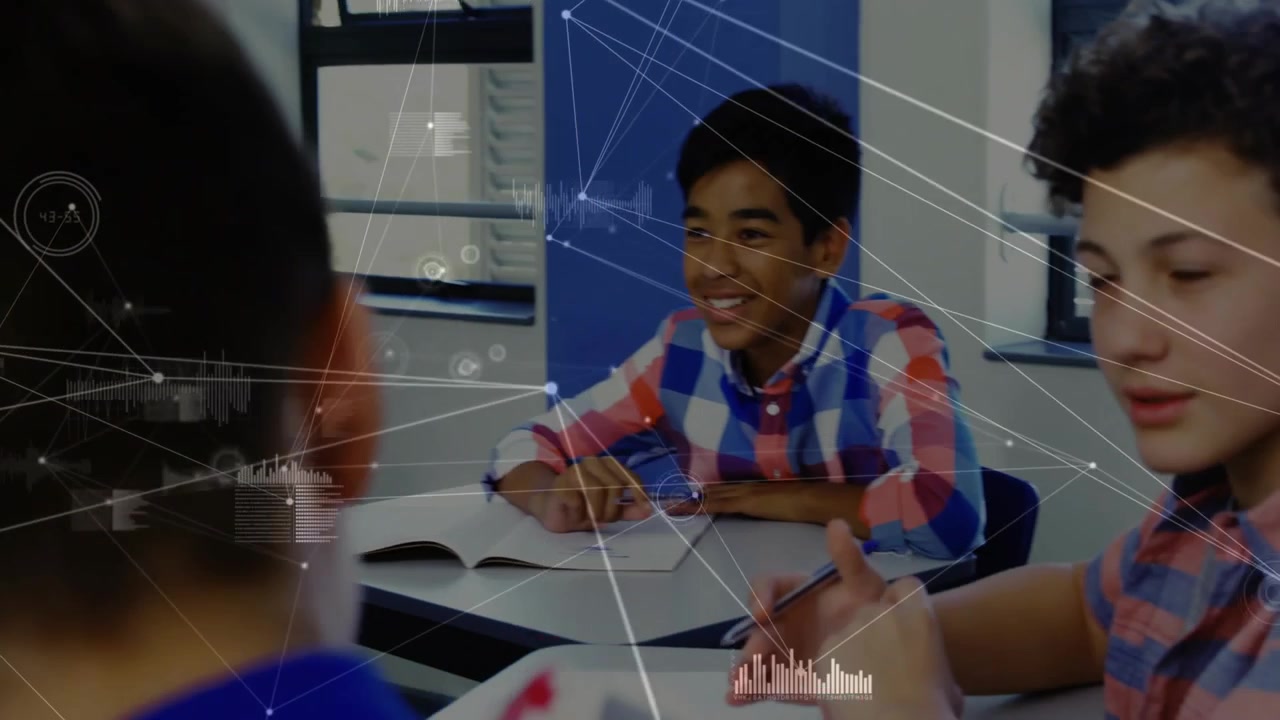 Teenage girl responding to class prompt, gesturing while network overlay linking peers' note-taking