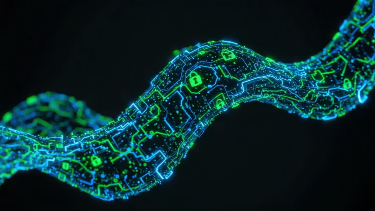 A Stunning Visualization of Digital Security Concepts Featuring Flowing Lines of Circuitry and Lock Symbols Representing Cyber Protection and Data Integrity