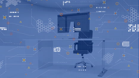 animación del procesamiento de datos financieros en la oficina con computadora en el escritorio y la silla