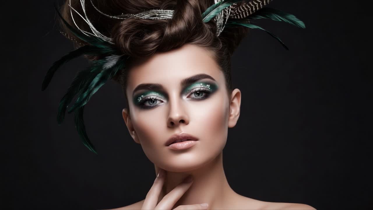 Stunning Portrait of a Model with Elaborate Feathered Hairstyle and Bold Makeup Highlighting Unique Beauty in a Dark Background