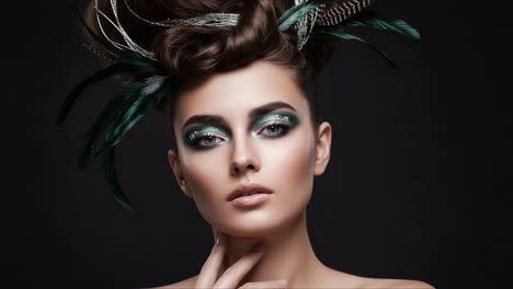 stunning portrait of a model with elaborate feathered hairstyle and bold makeup highlighting unique beauty in a dark background