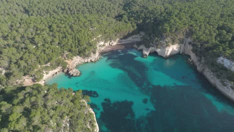 aerial green coastal turquoise hidden beach bay in menorca spain, cala mitjana