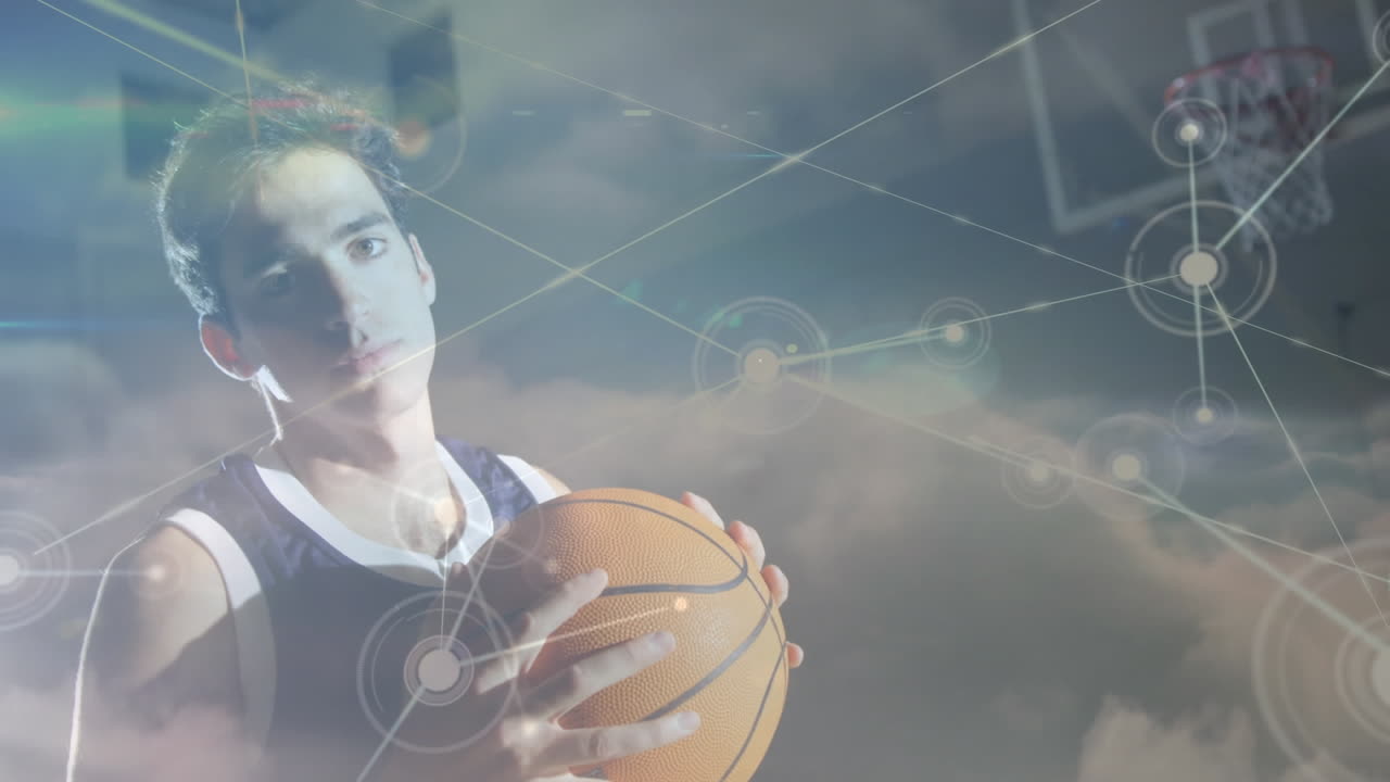 animación de redes de conexiones entre diversos jugadores de baloncesto en el gimnasio