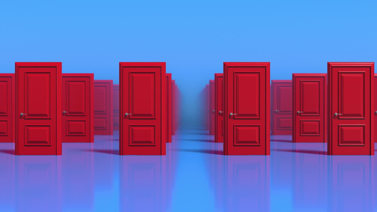 Rows of red wooden closed doors on a blue background. Decision making concepts, different possibilities. Choice, business and success concept. Welcome, new opportunity. Fog. 3d animation loop, 4K