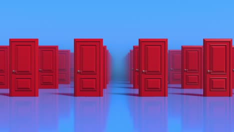 rows of red wooden closed doors on a blue background. decision making concepts, different possibilities. choice, business and success concept. welcome, new opportunity. fog. 3d animation loop, 4k
