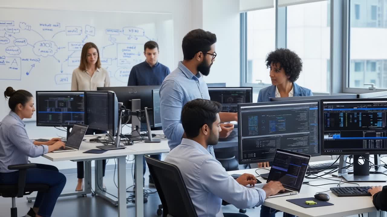 A Collaborative Environment: Team of Professionals Engaged in Discussion and Problem-Solving While Working on Computers in a Modern Office Space