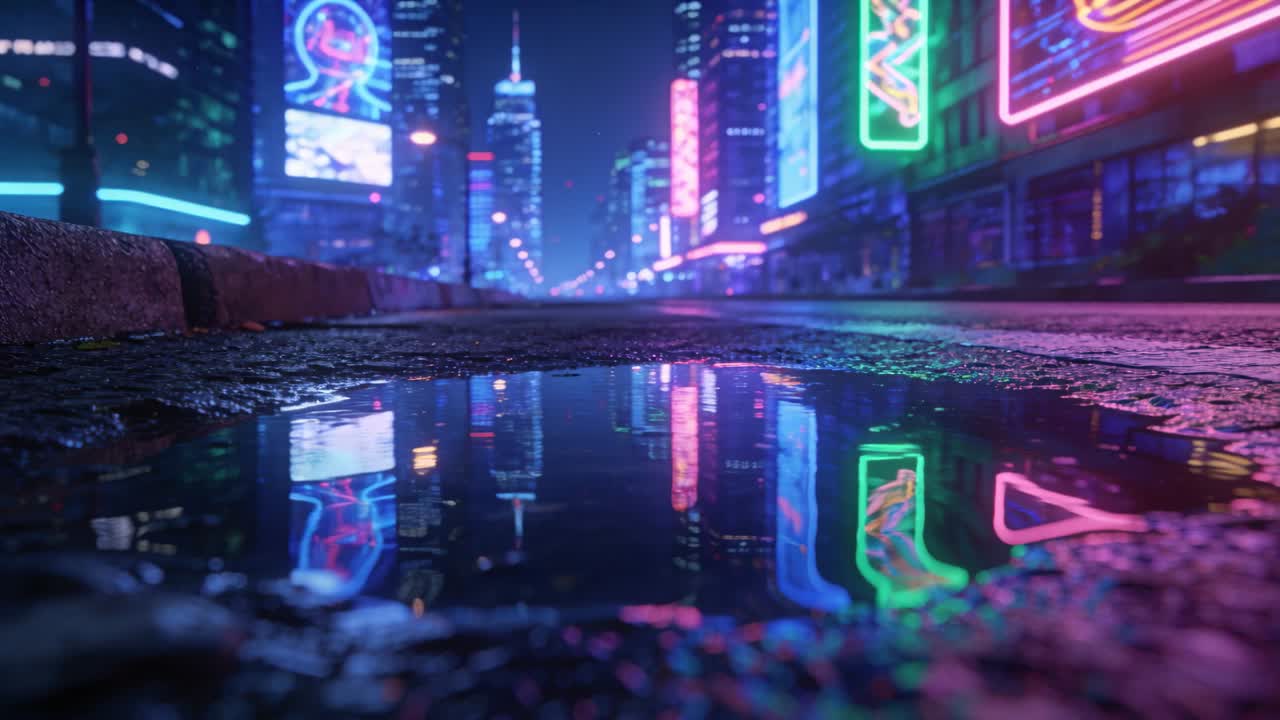 Panning low camera revealing puddle reflections while focus shifting toward neon signs and skyline