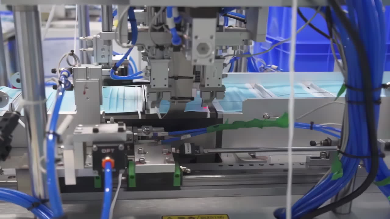 Workshop of manufacture for production of clothing, The process of manufacturing line producing medical face mask with automatic machinery in an industrial factory 