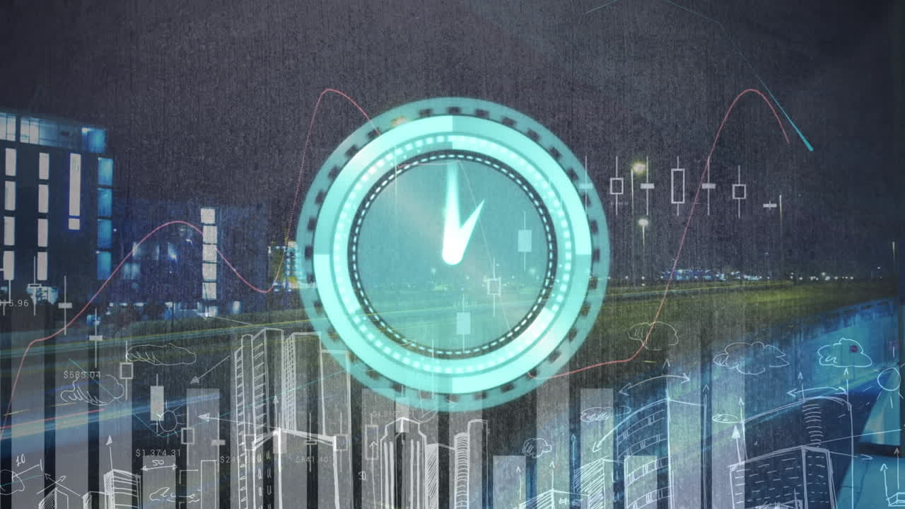 Animation of clock moving fast and statistics data processing over cityscape