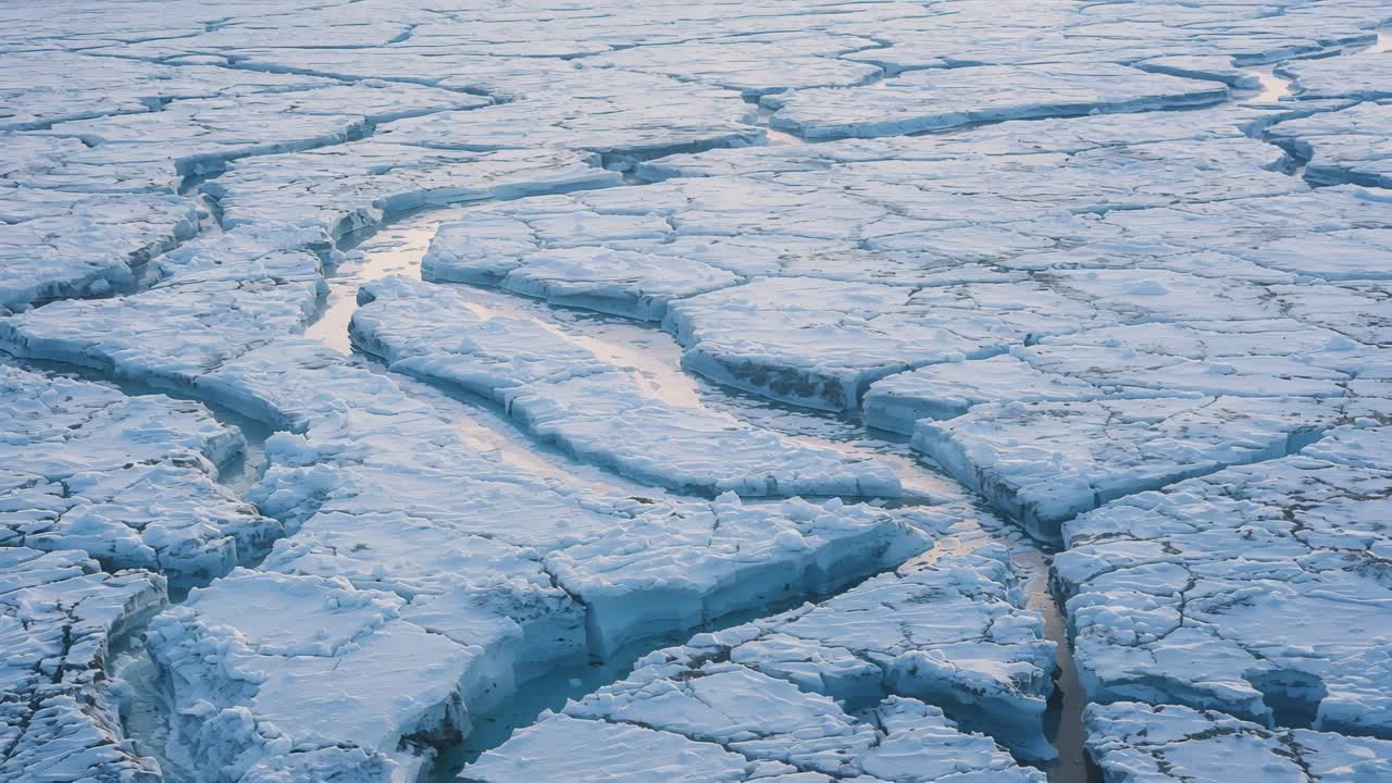 Drone planeando que captura un canal de agua de deshielo sinuoso sobre hielo fracturado, reflejos cambiantes de luz