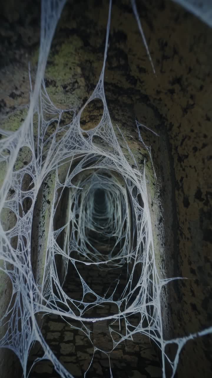 Numerous spiderwebs are covering the interior of a dark tunnel, creating a mysterious and spooky atmosphere, perfect for Halloween or any horror themed project