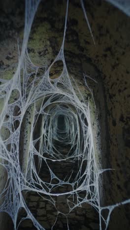 numerous spiderwebs are covering the interior of a dark tunnel, creating a mysterious and spooky atmosphere, perfect for halloween or any horror themed project