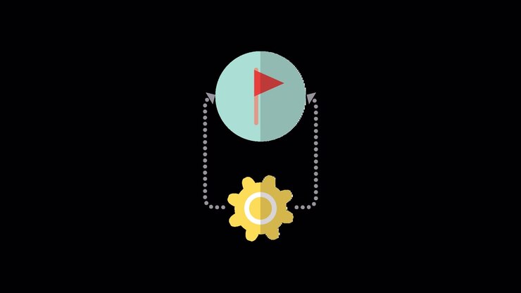 Icono animado de engranaje y bandera para concepto de flujo de trabajo