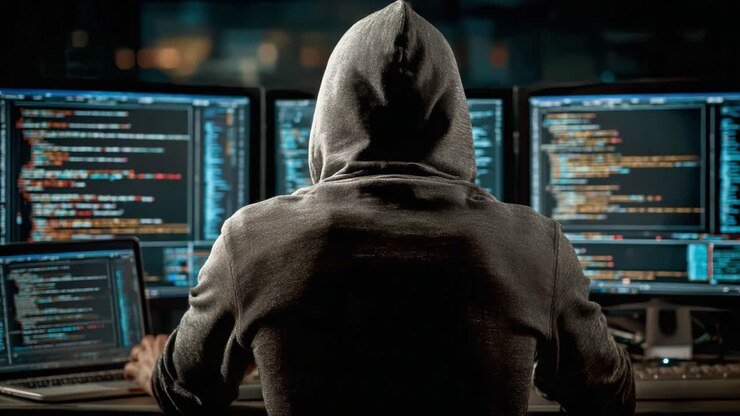 Un individuo misterioso immerso nel coding circondato da diversi schermi di computer, impegnato in una programmazione complessa in un ambiente oscuro