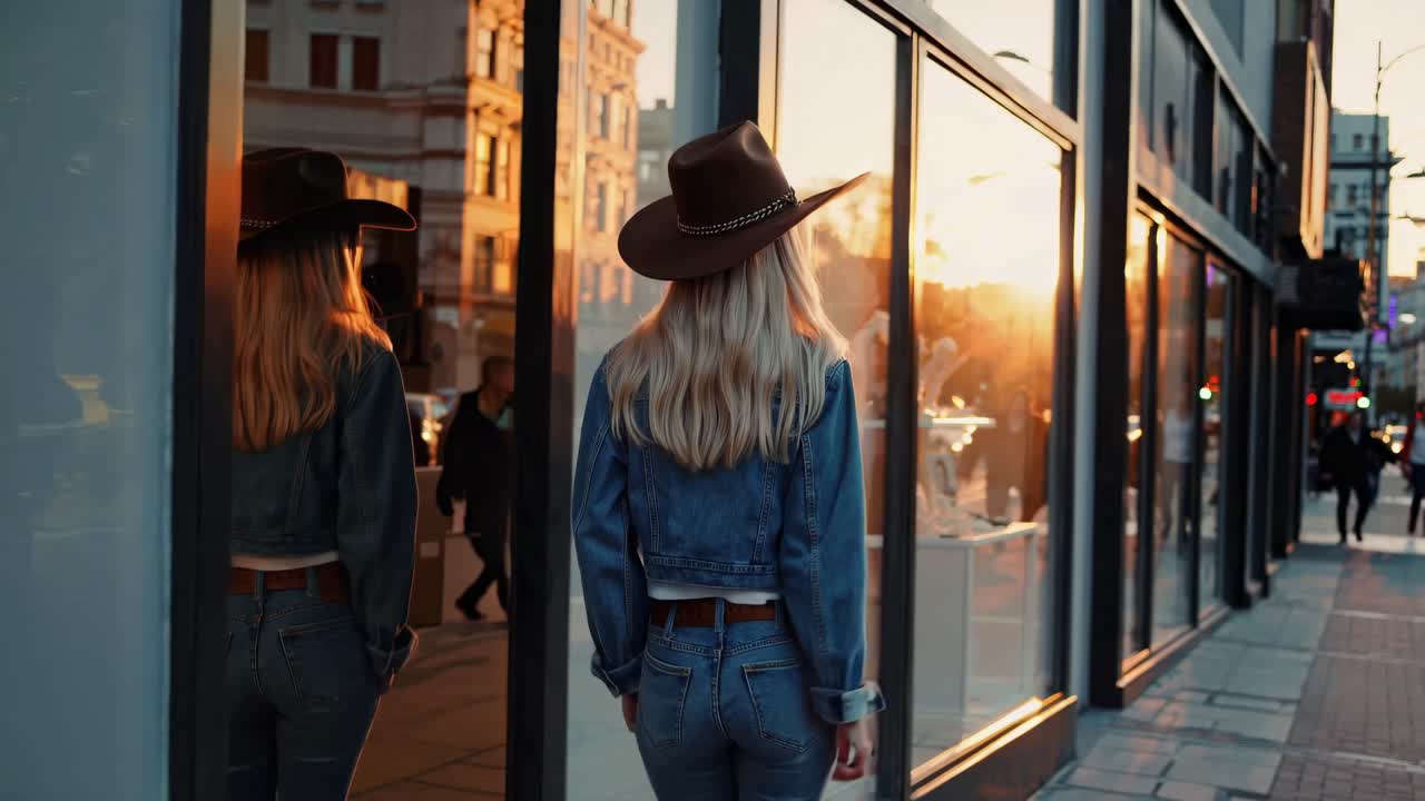 Donna che cammina per la strada della città al tramonto