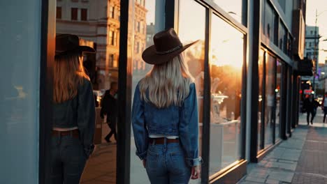 woman walking on a city street at sunset