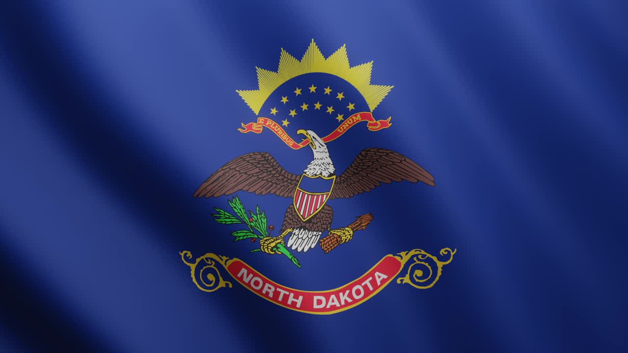 Bandiera 3D sventolante dello stato americano del Dakota del Nord. Bandiera nazionale con sfondo ventoso. Clip video animata 4K realistica con loop continuo