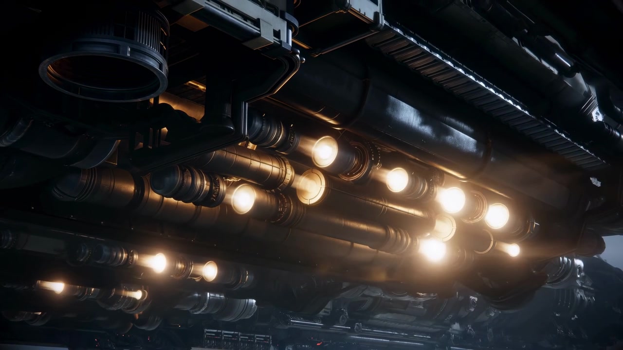Spaceship showing visible action, in space, with spaceship, lights, from a close-up perspective, with black, white accents, and technological futuristic mood, with everyday context around.