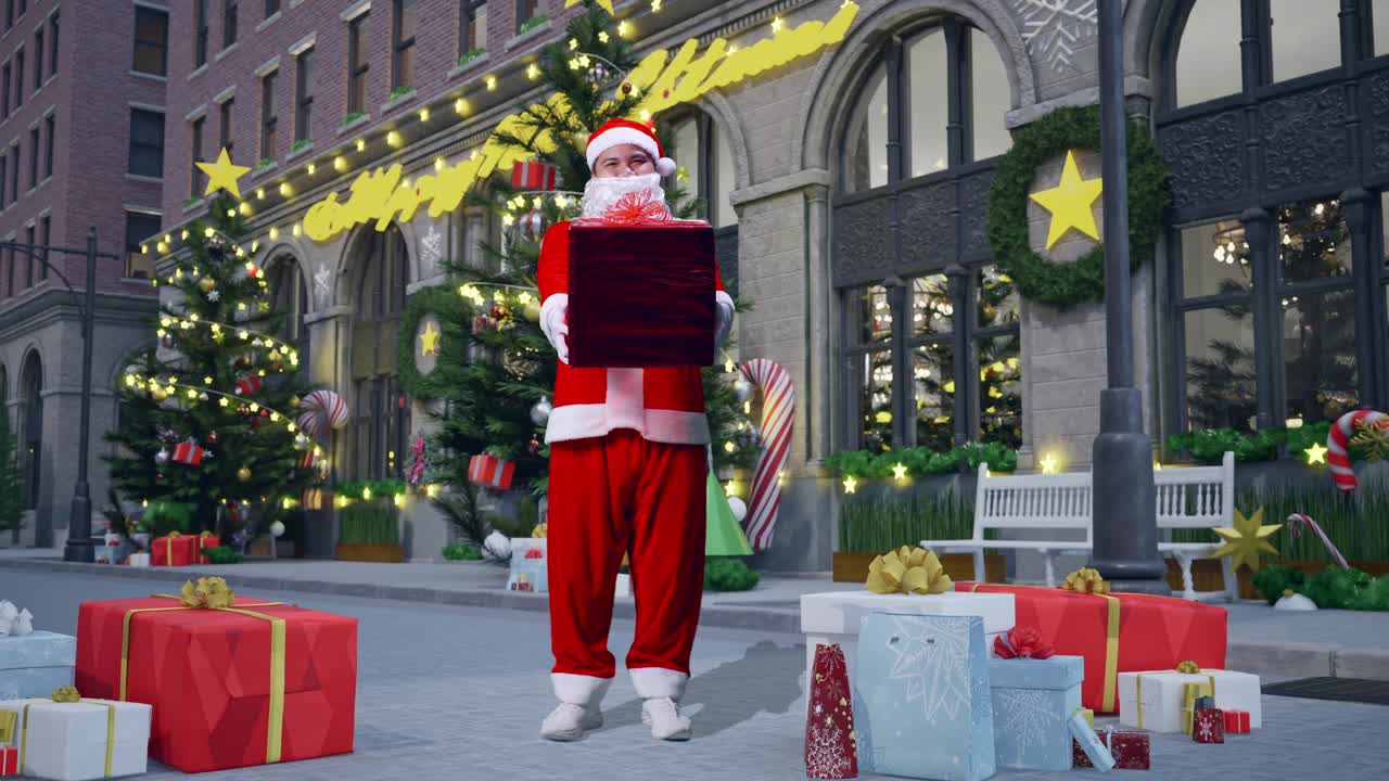 아시아 산타클로스가 크리스마스 밤에 서서 카메라에 선물을 주는 몸으로 가득 차 있습니다.