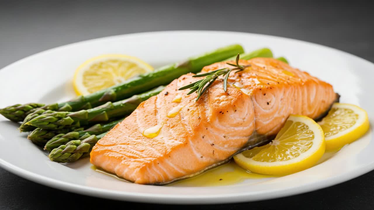 Filetto di salmone squisitamente cucinato, servito con asparagi freschi e fette di limone su un piatto bianco, guarnito alla perfezione per un'elegante esperienza culinaria
