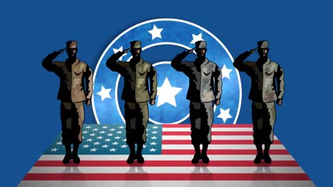 Animation-Von-Soldaten,-Die-Auf-Der-Flagge-Der-USA-über-Blauen-Kreisen-Mit-Sternen-Salutieren