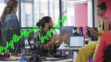 animation of financial data processing over diverse colleagues having meeting in office