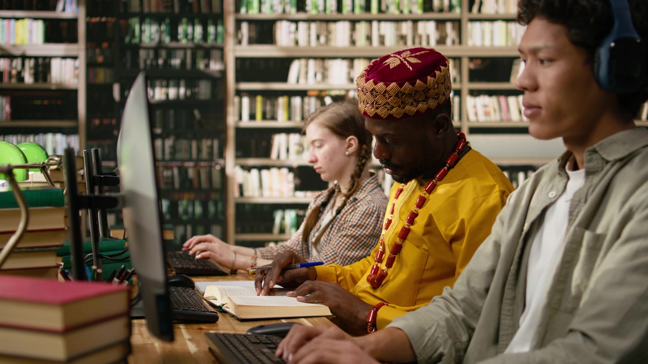 African mature student in yellow traditional clothing smiles while working