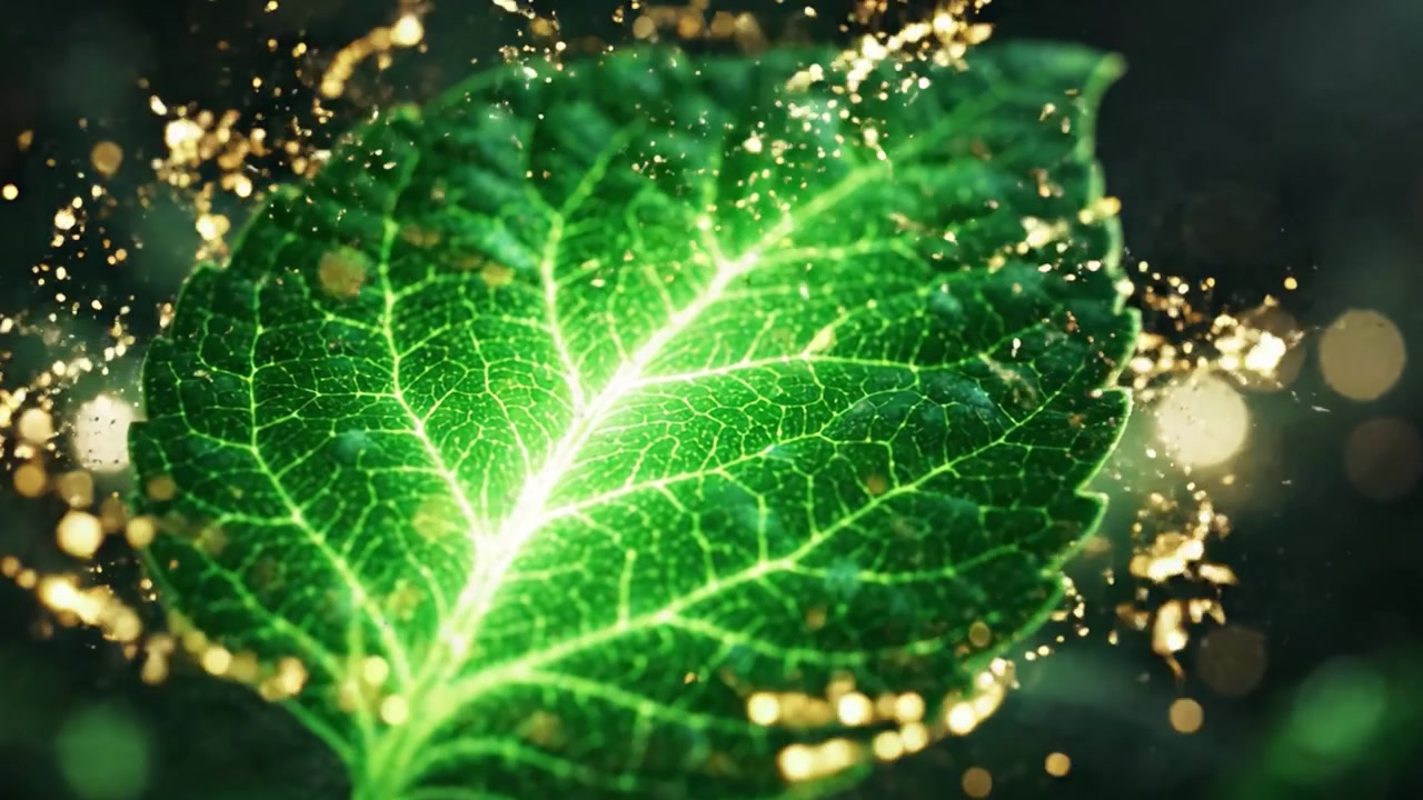 Un primo piano mozzafiato di una foglia verde luminosa catturato in un ambiente mistico, che mostra i suoi intricati dettagli e la sua colorazione vibrante.