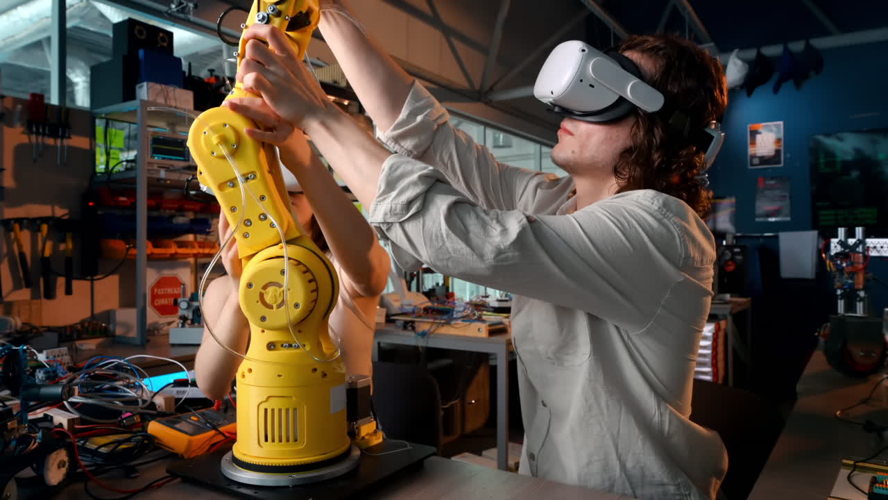 Young man and woman in VR glasses doing experiments in robotics in a laboratory. Robot and tools on the table. Slow motion. Translation from Romanian language on red sign "keep the workplace clean"