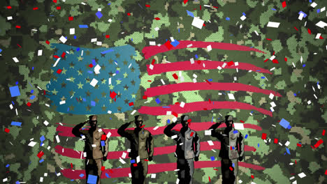 figures of four soldiers saluting against us flag on camouflage background