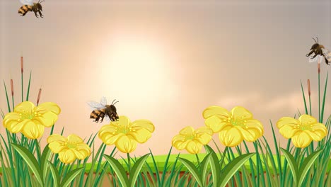 abejas zumbando alrededor de las flores bajo un sol brillante