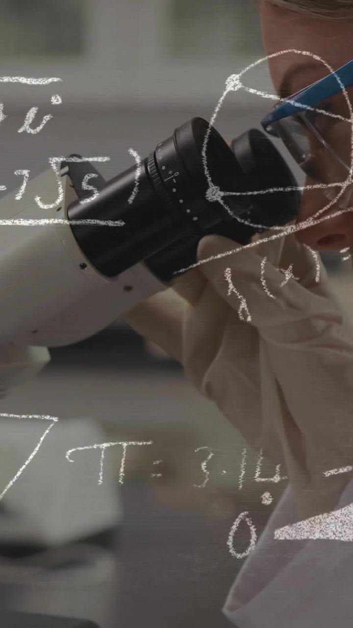 Vertical video: Gloved hand moving eyepiece, lab tech refining focus, chalk diagrams over eyepiece